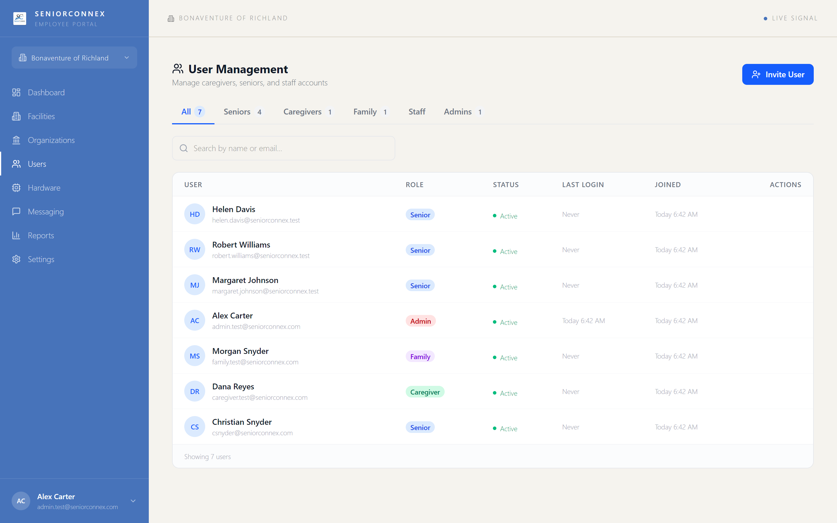 The users screen, where administrators manage caregivers and roles across the organization.