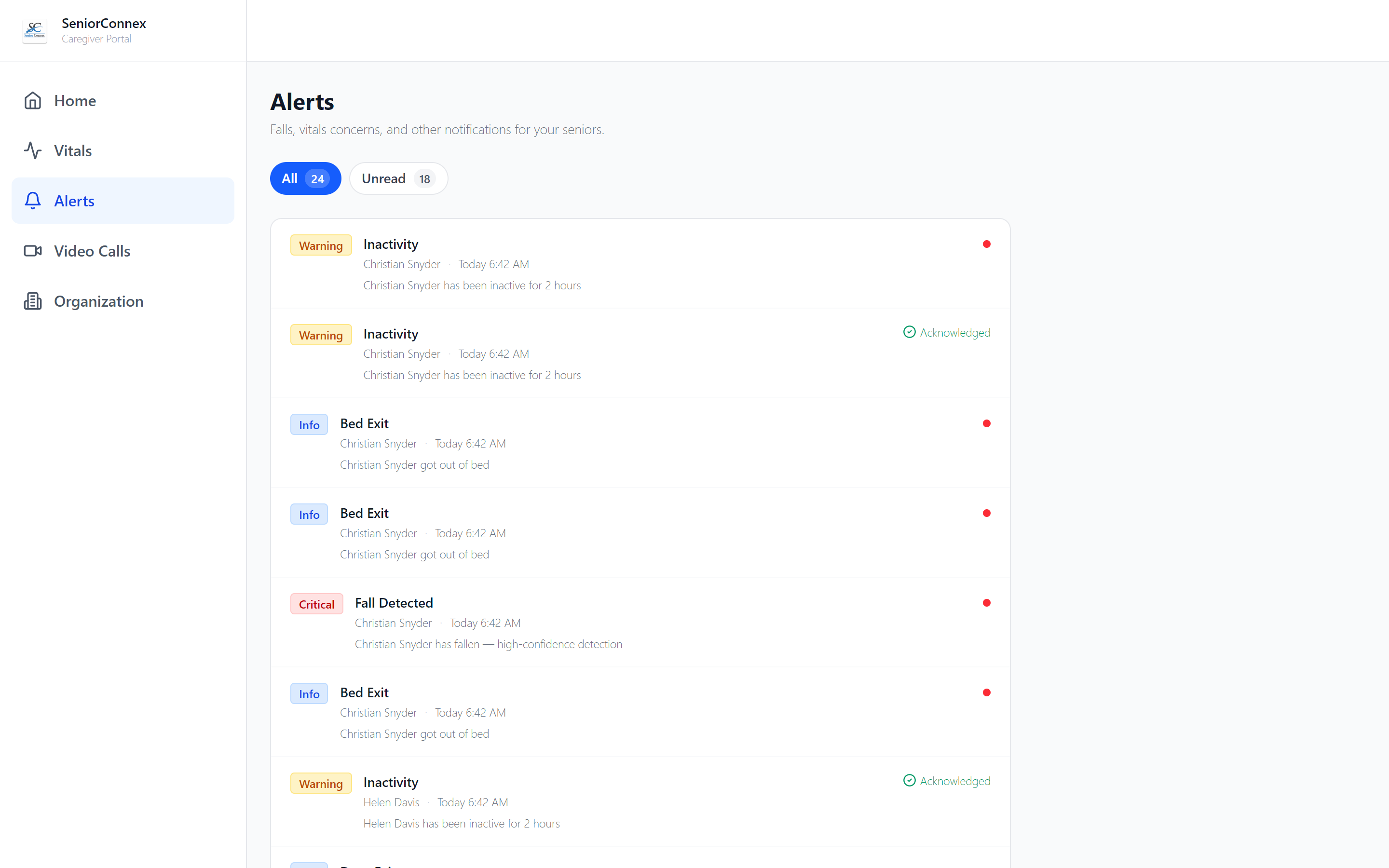 SeniorConnex alerts feed — falls, inactivity, and vitals notifications with acknowledgment status.