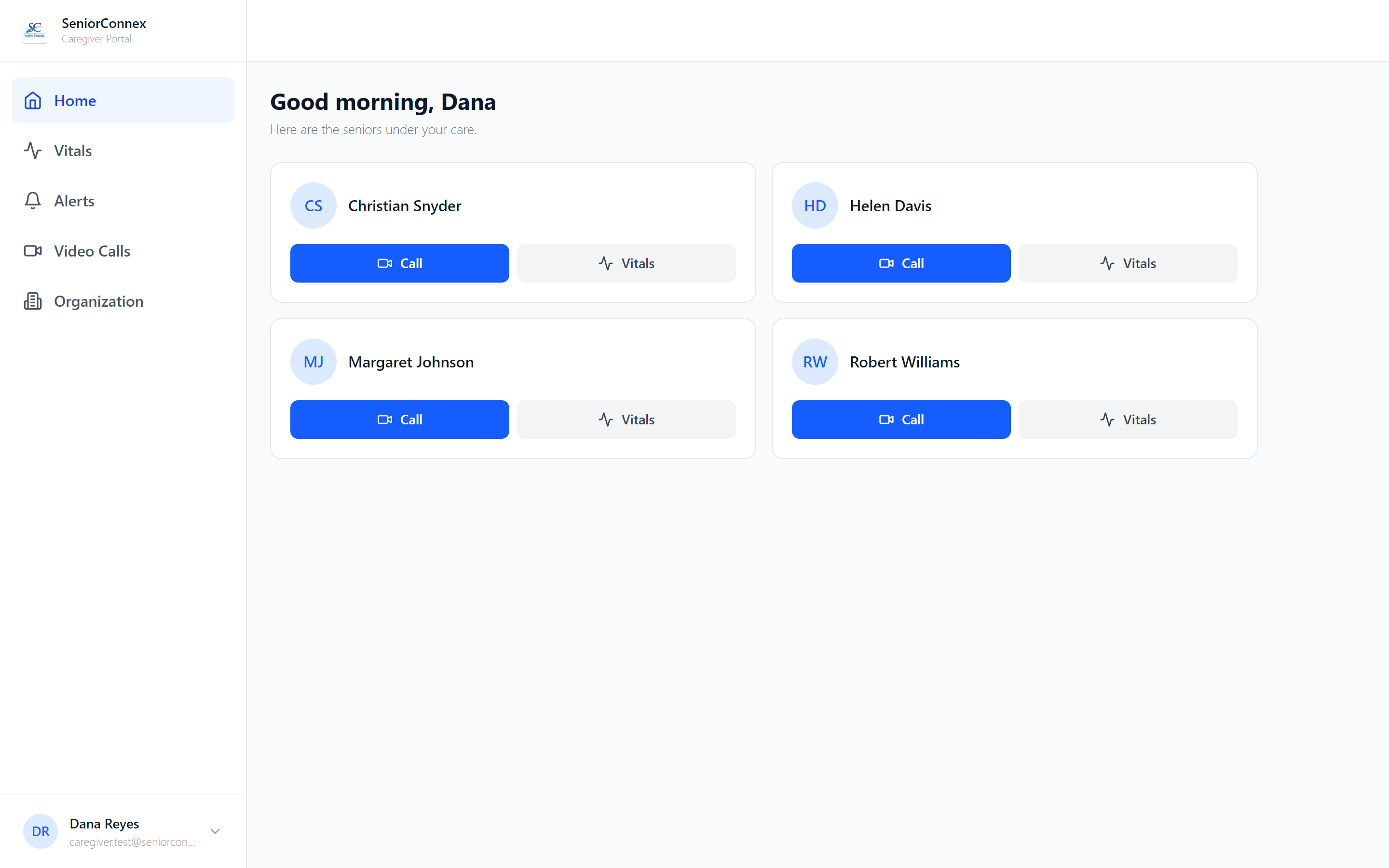 SeniorConnex caregiver portal home — the seniors under your care, each with call and vitals shortcuts.