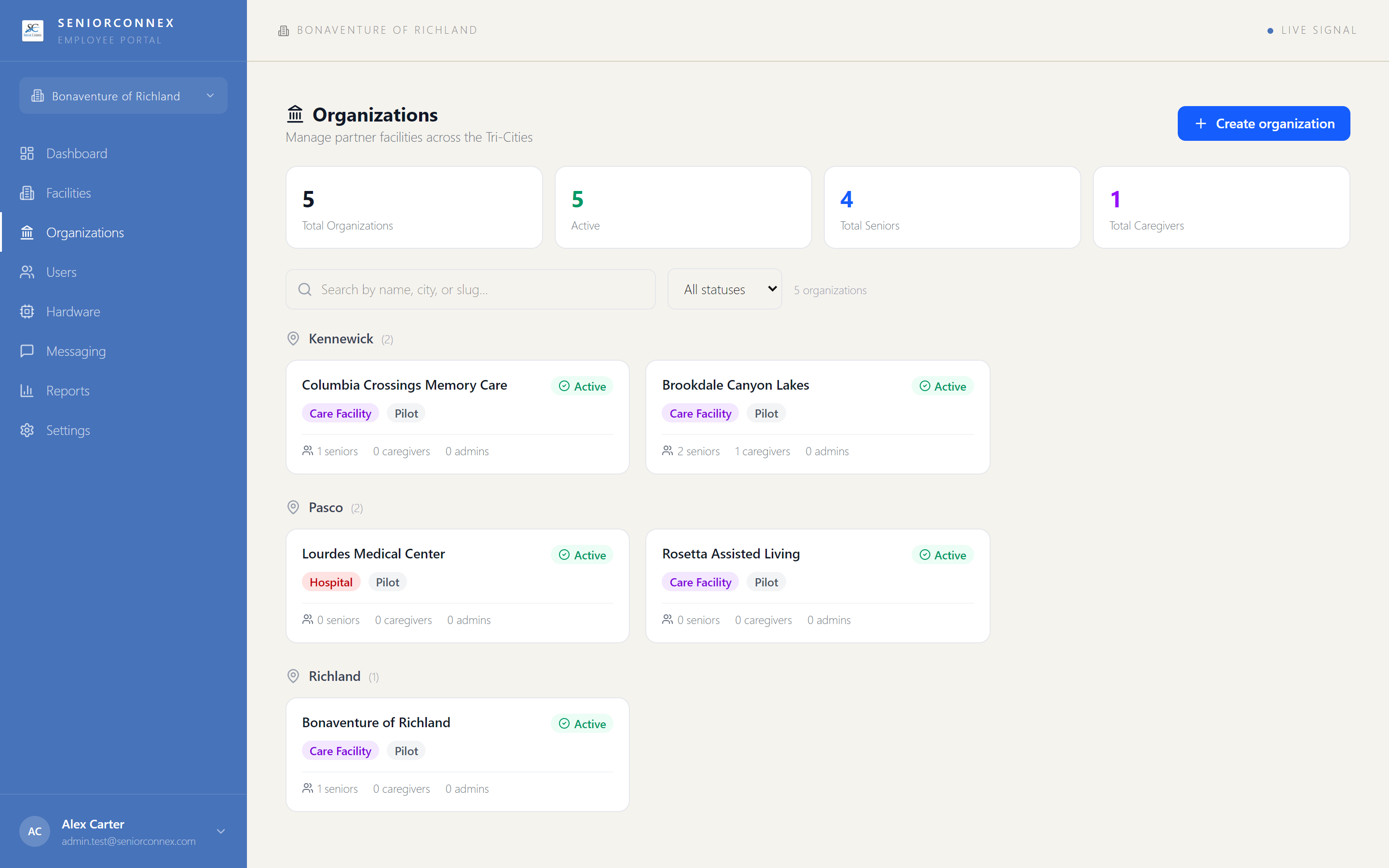 SeniorConnex portal — managing partner care facilities across the Tri-Cities.